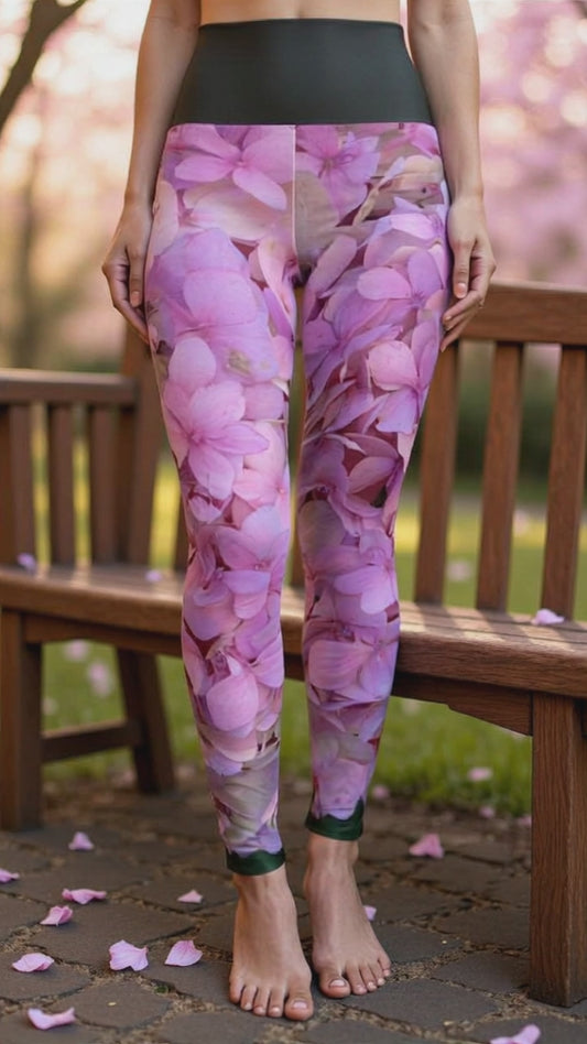 Hydrangea Pink Yoga Leggings, Floral Exercise Pants, Slim Fit High Waisted Leggings, Workout Tights, Athletic Leggings, Fitness Bottoms